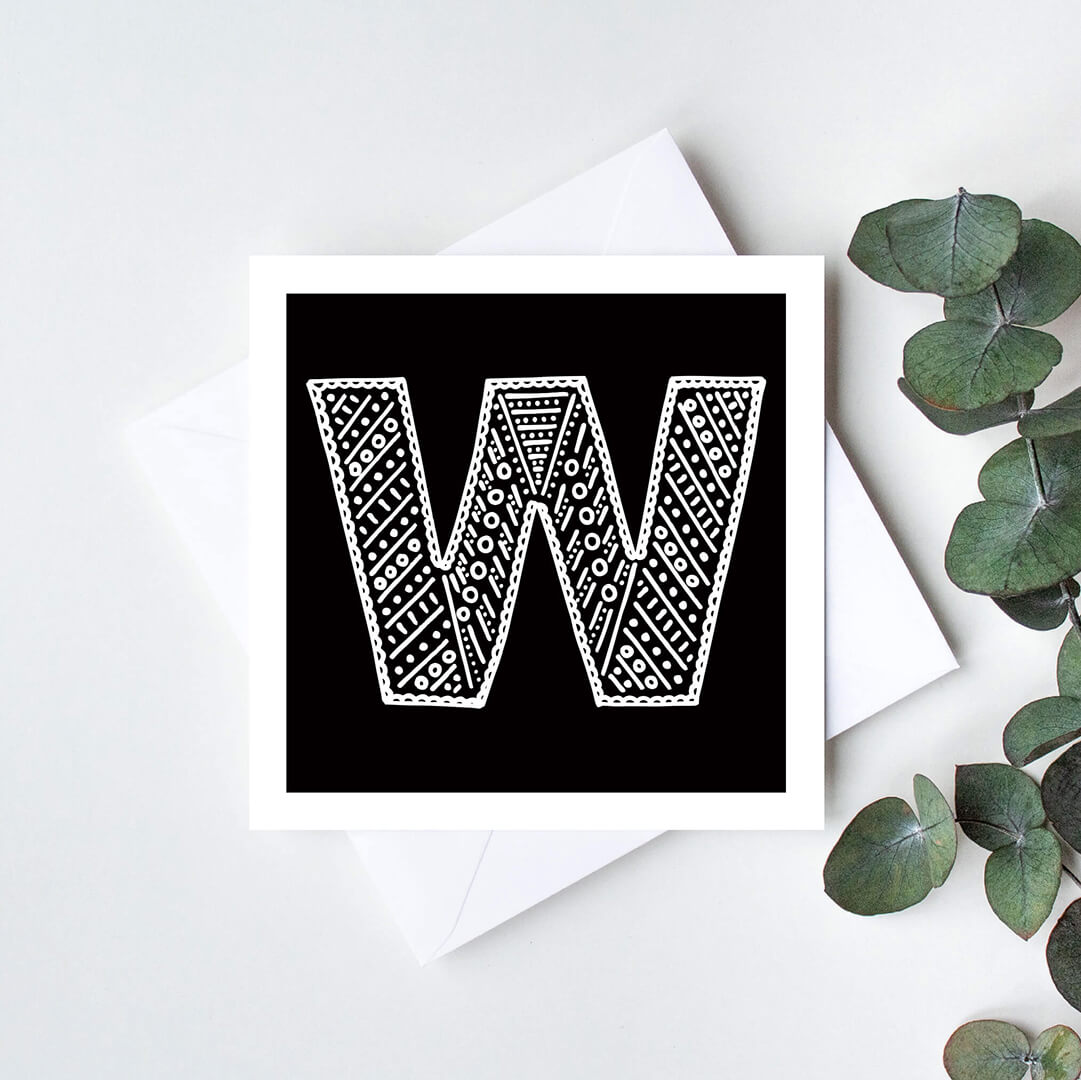 Unique monochrome letter W card Patterned typographic greeting card Black white initial cards Blank inside
