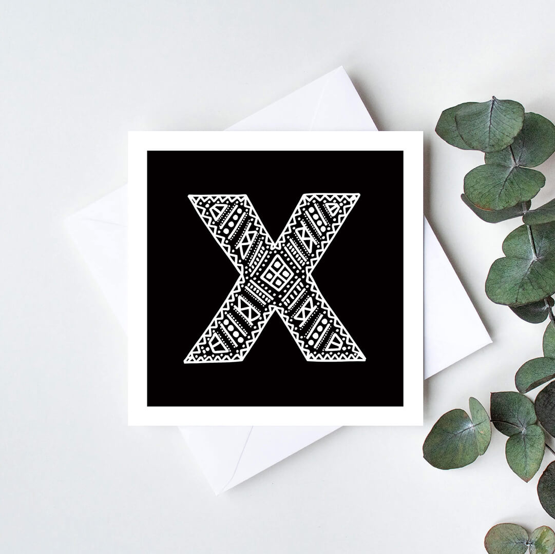 Unique monochrome letter X card Patterned typographic greeting card Black white initial cards Blank inside