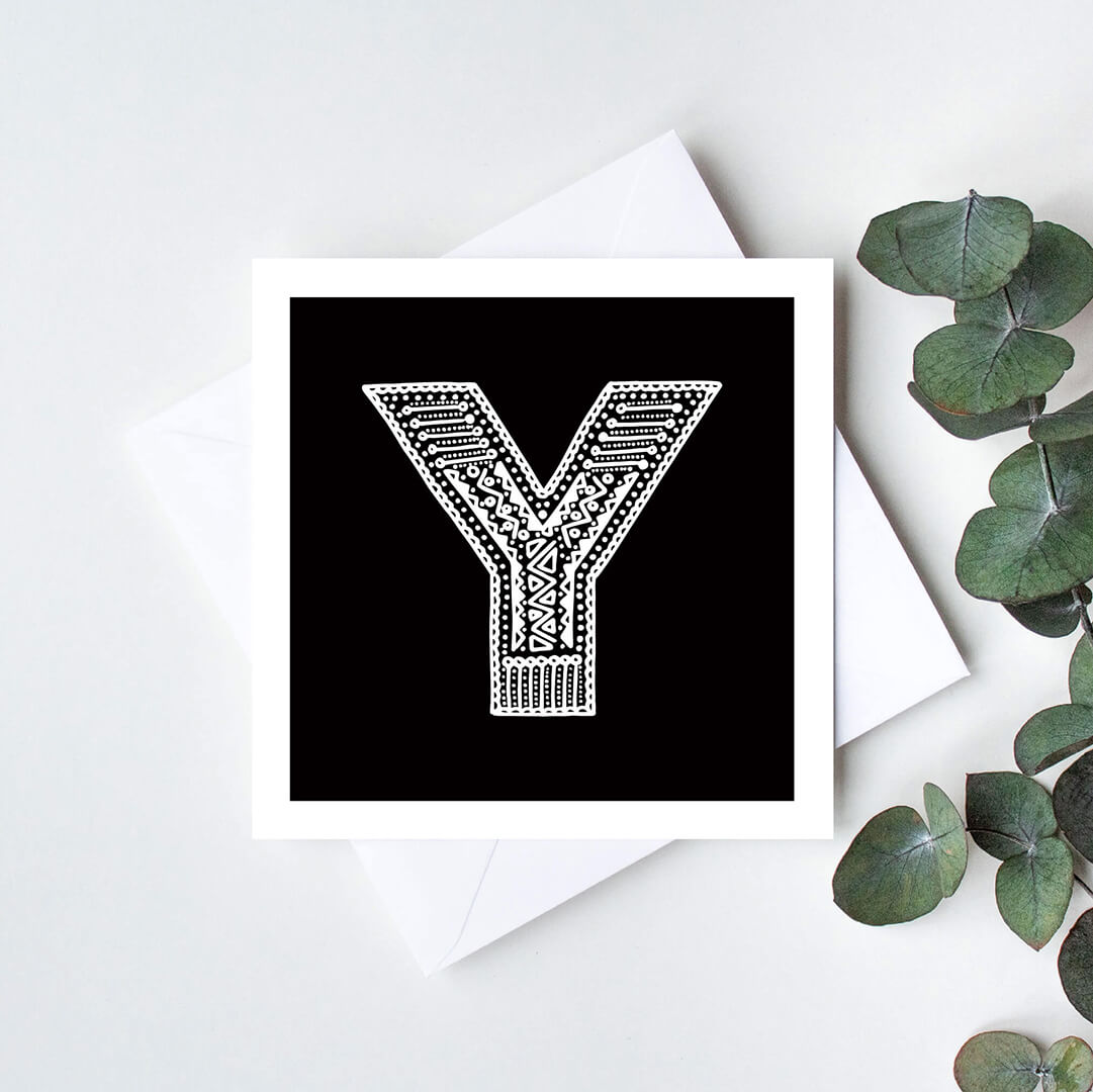 Unique monochrome letter Y card Patterned typographic greeting card Black white initial cards Blank inside
