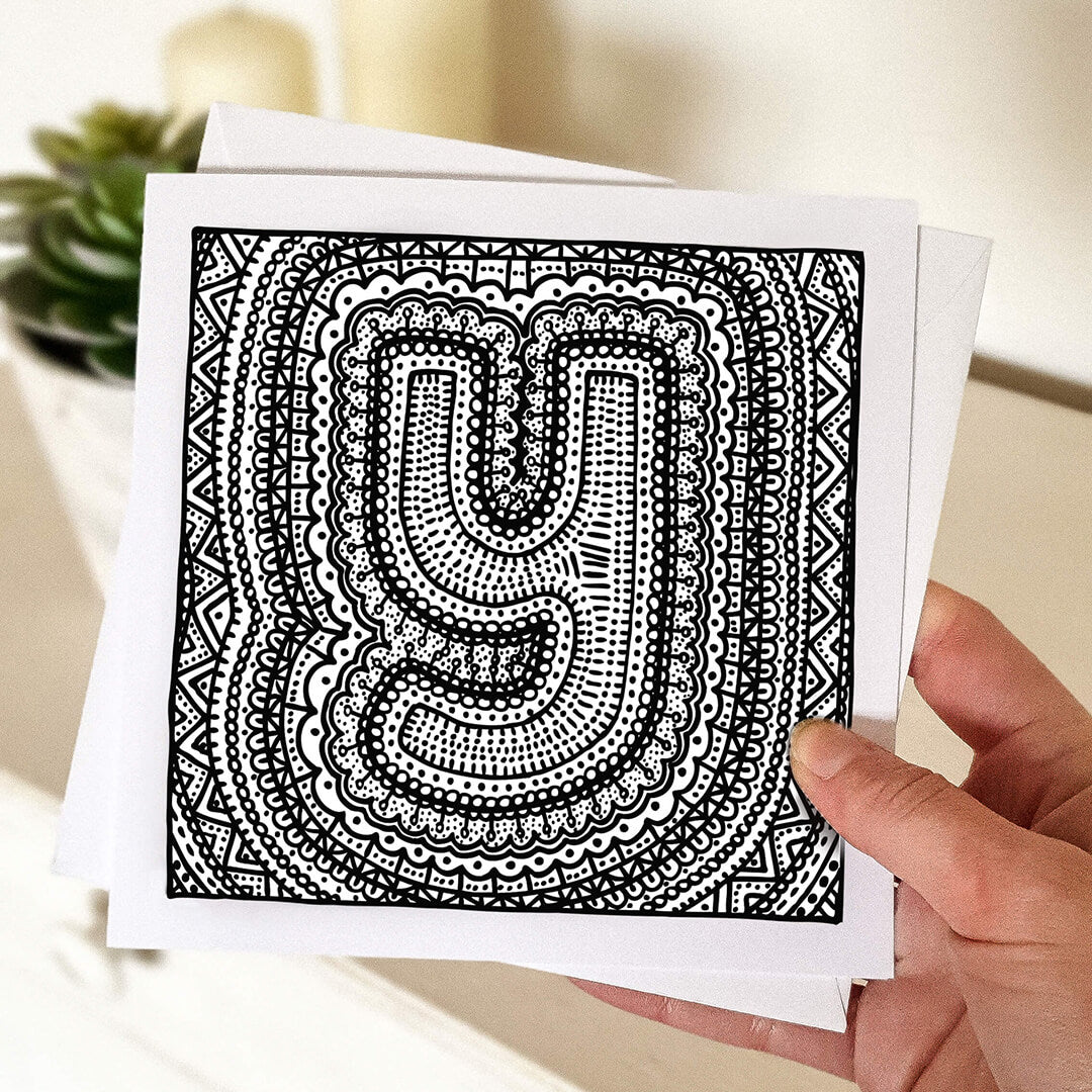 Hand holding letter Y colouring in card Unique alphabet colouring in card Patterned typographic greeting card to colour in Blank inside