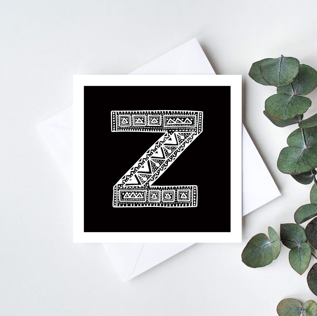 Unique monochrome letter Z card Patterned typographic greeting card Black white initial cards Blank inside