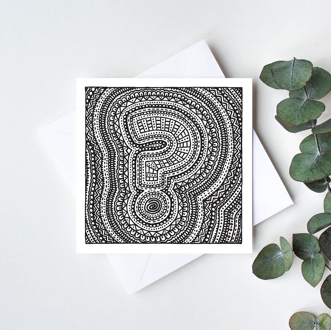 Patterned question mark colouring in card Black white Question mark illustration Unique typographic greeting card Blank inside