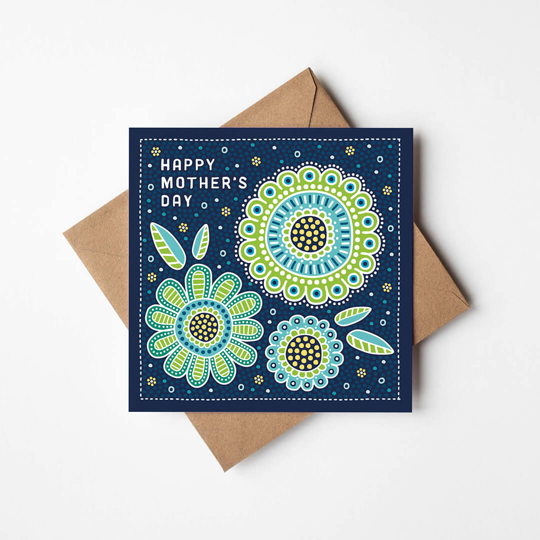 Blue and green floral illustration Happy Mother's Day card Bright unique floral pattern illustration Printed on recycled card Blank inside