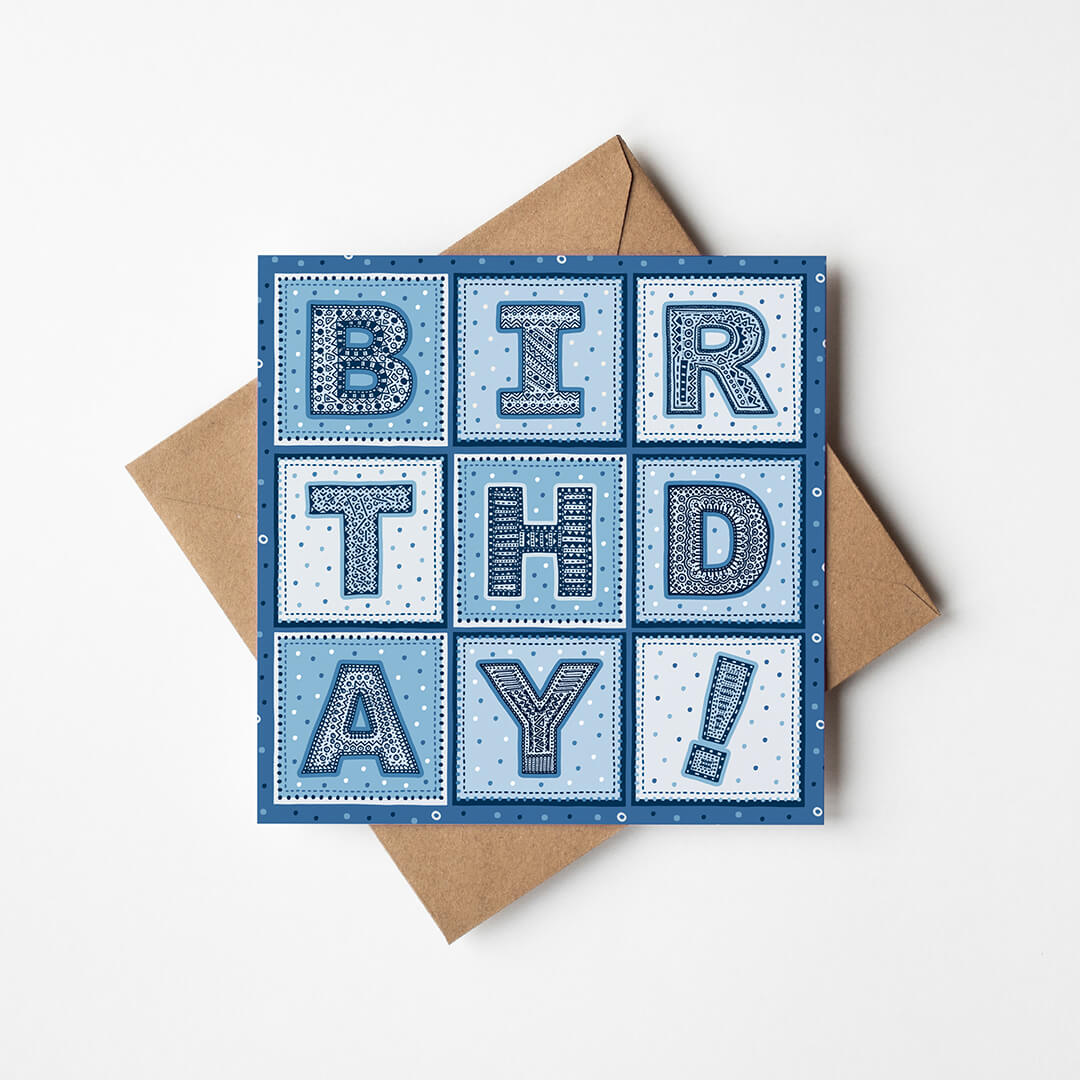 Unique blue typographic birthday card for him Perfect for male relatives who love blue Printed on recycled card Blank inside