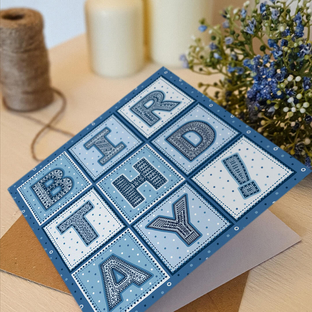 Unique birthday card for him Blue typographic birthday card for men Perfect for men or anyone who loves the colour blue Printed on recycled card Design features hand drawn lettering