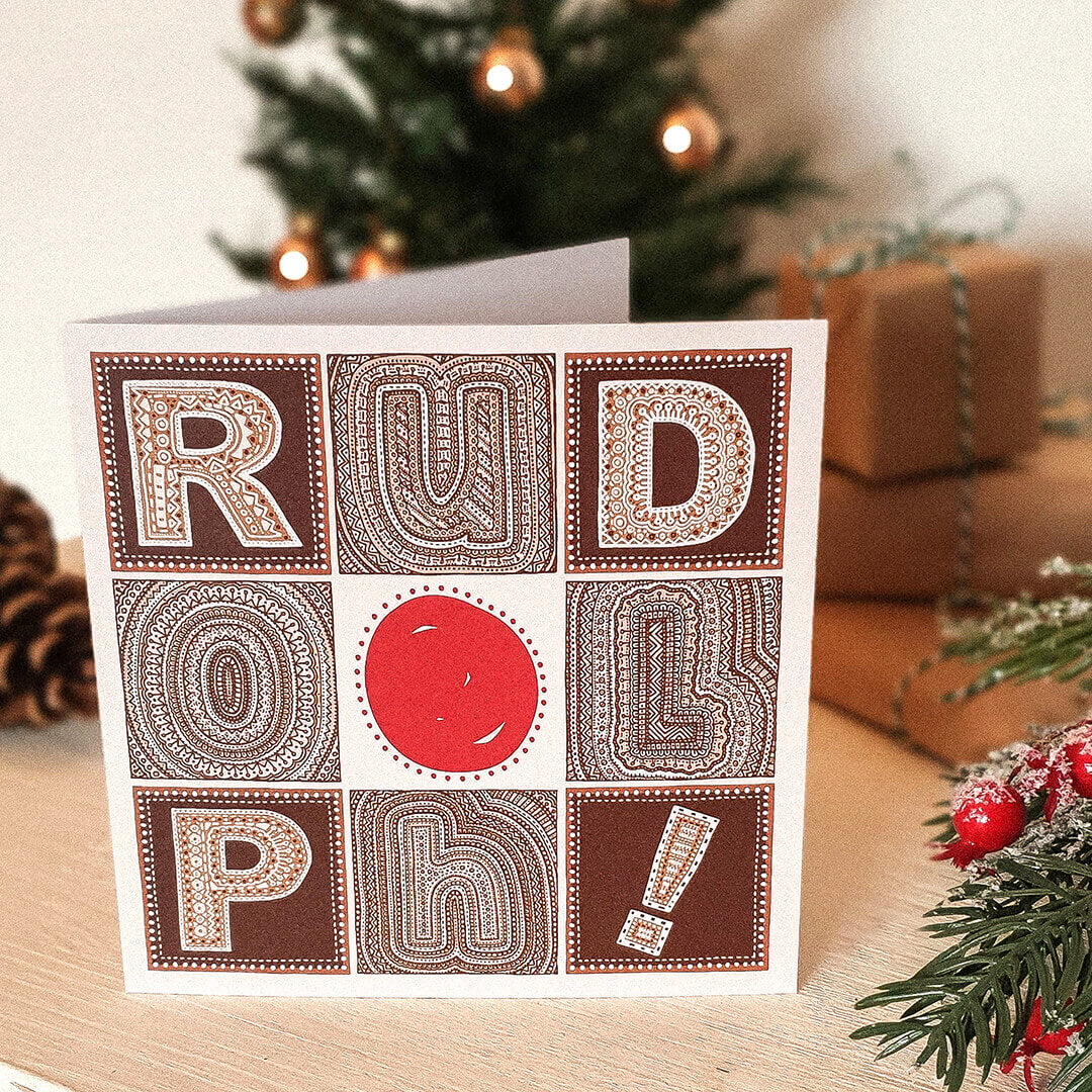 Typographic brown red Rudolph Reindeer Christmas card Kraft Brown recycled envelope Unique Rudolph reindeer Christmas card design
