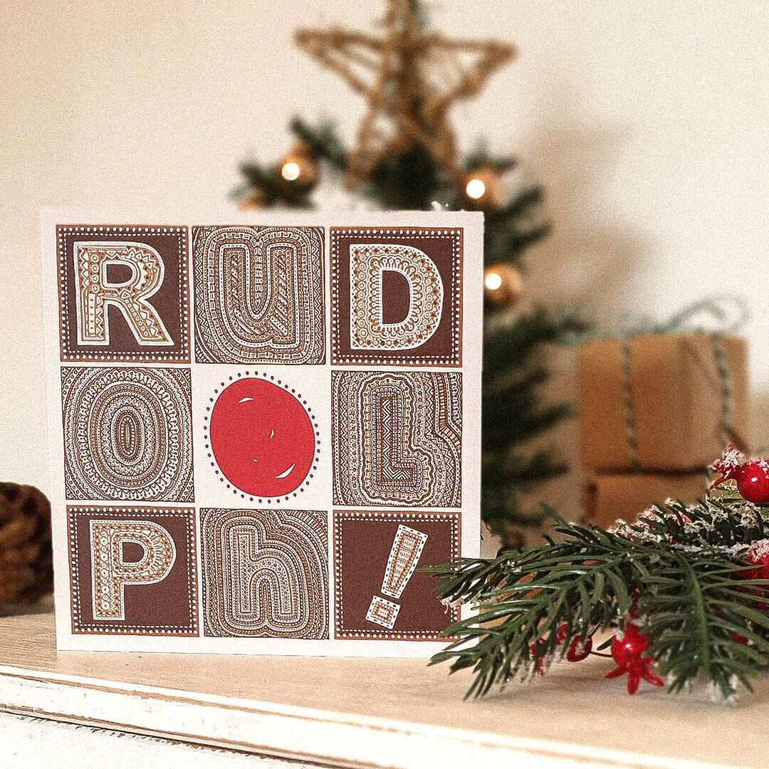 Unique Rudolph Reindeer Christmas card Typographic brown red Rudolph reindeer Christmas card Printed on recycled card