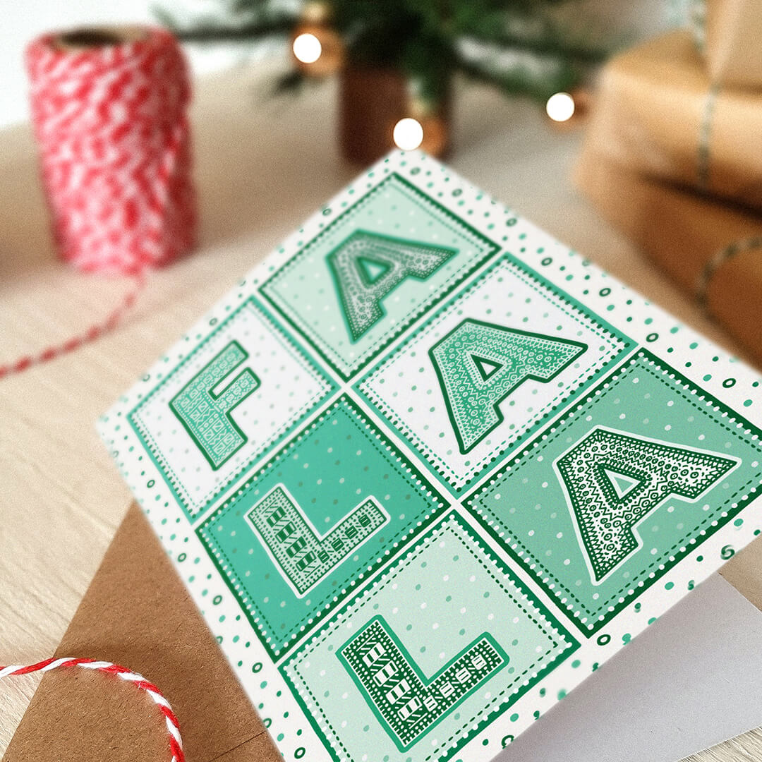 Unique Green Fa La La Christmas card Modern typographic Christmas card Printed on recycled card