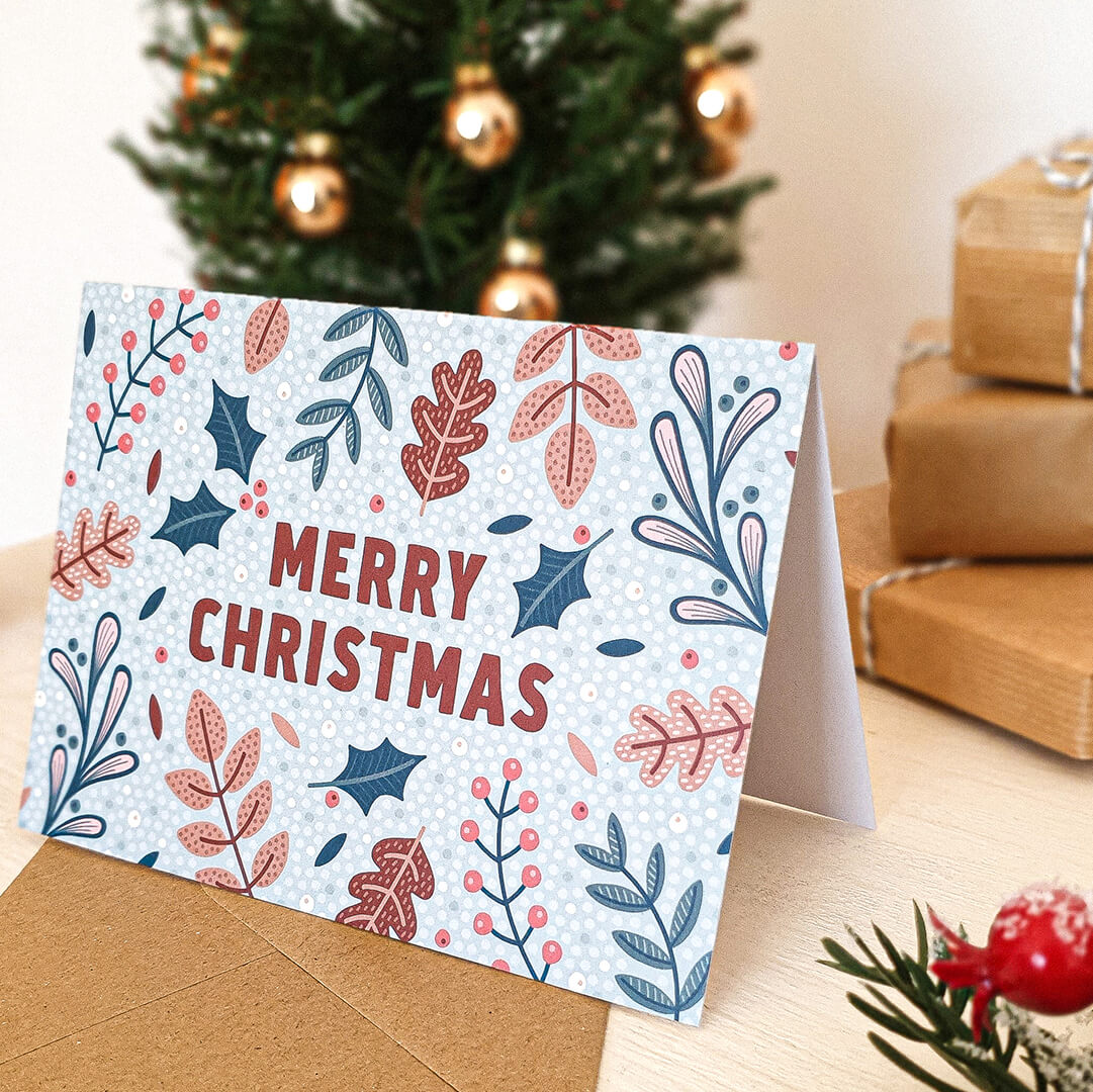 Unique blue and red botanical Christmas card Festive foliage illustration Christmas card Printed on recycled card