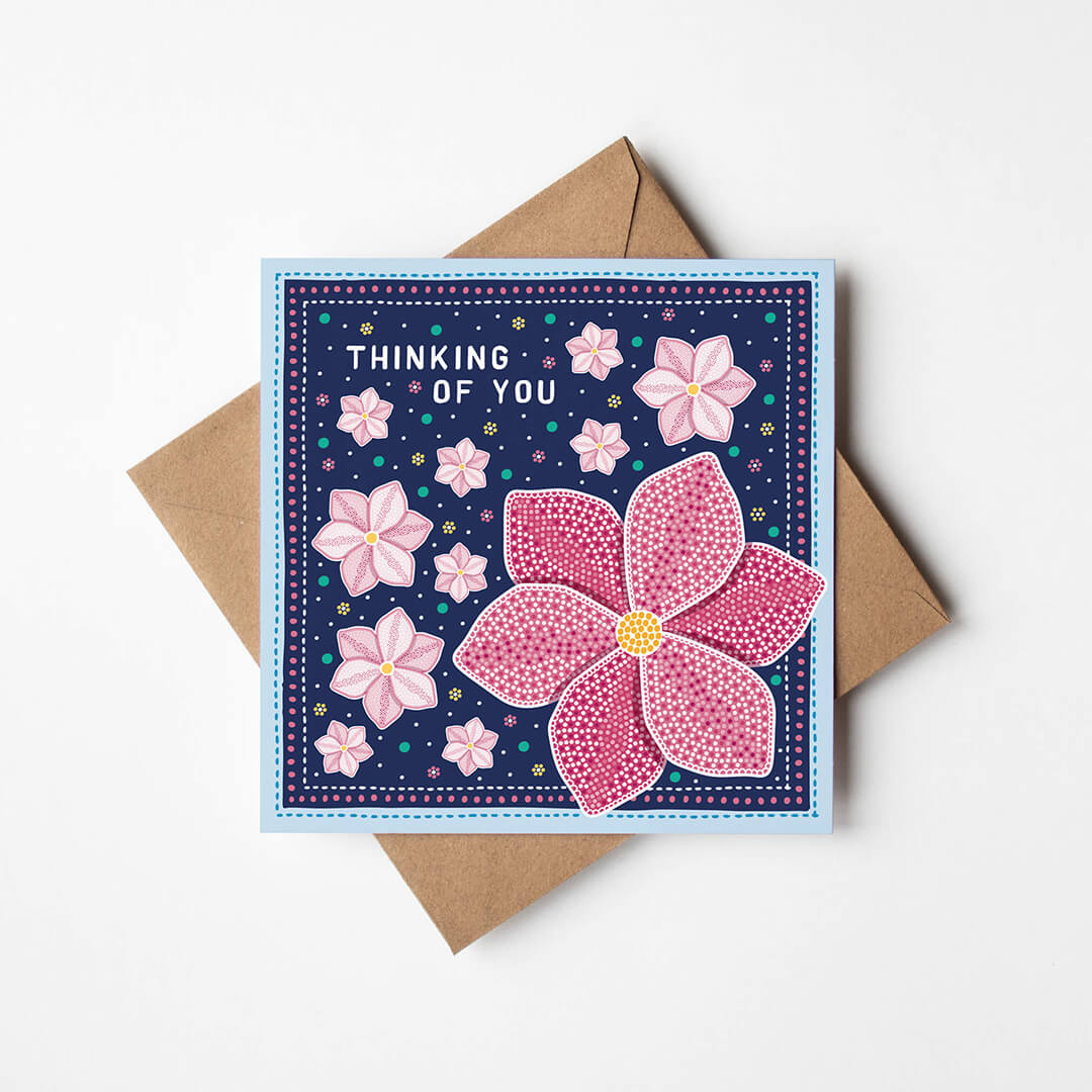 Pink Floral Thinking Of You card Illustrated clematis flower design Printed on recycled card Blank inside