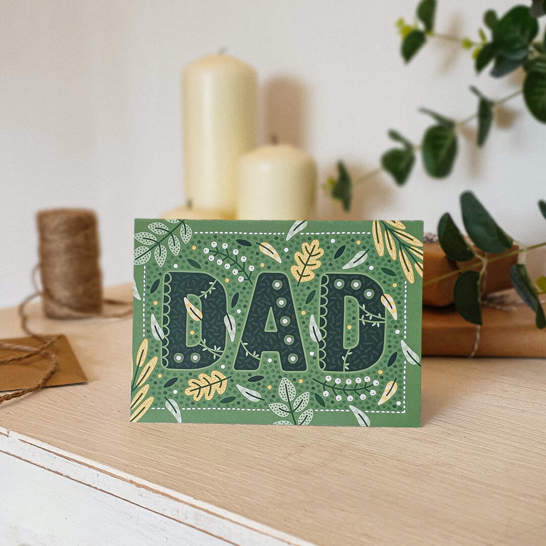 Green botanical leaves natural Father's Day card UK For nature loving Dads Printed on recycled card