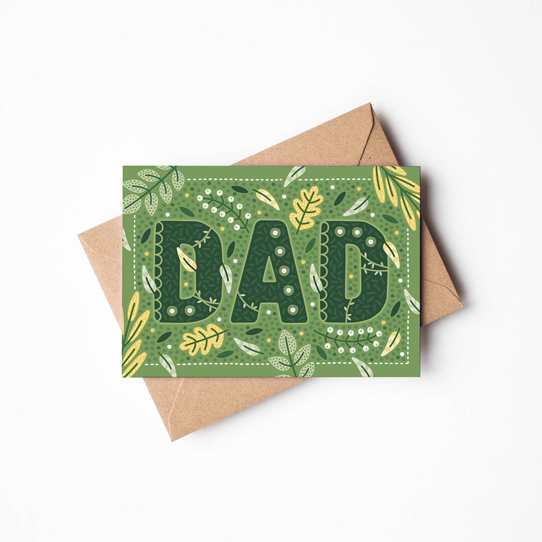 Green botanical leaves natural Father's Day card UK Green leaves and plant illustrations for green-fingered Dad Printed on recycled card Blank inside