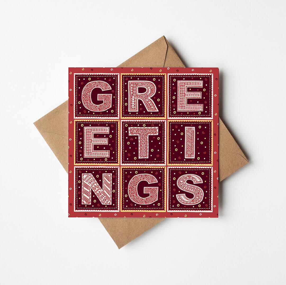 Dark red Greetings traditional Christmas card Unique typographic christmas card Printed on recycled card Blank inside