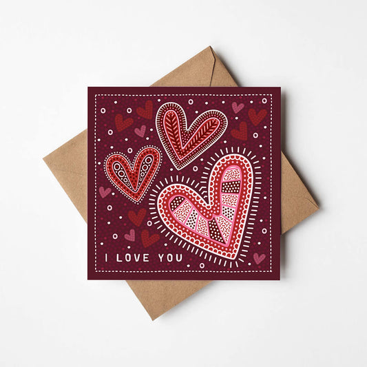 Red pink heart illustration I love you Valentine's Day card for her Illustrated patterned hearts design Printed on recycled card Blank inside