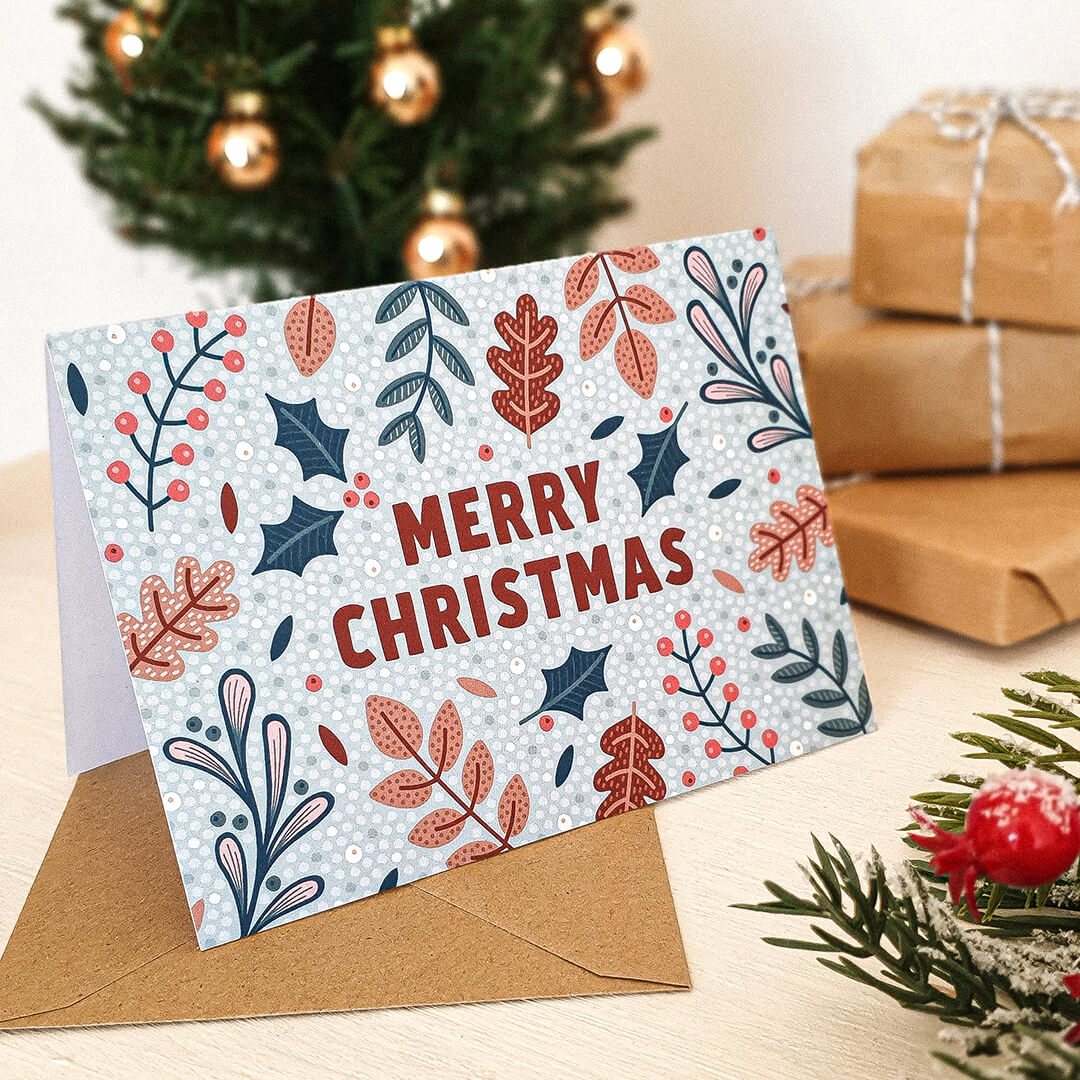 Unique festive foliage illustrated botanical Christmas card Kraft Brown recycled envelope