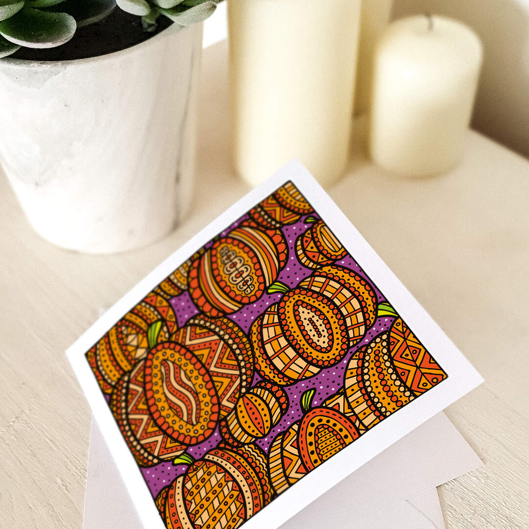 Orange Pumpkin Illustration Halloween card Blank inside Highly patterned Orange Purple Pumpkin illustrations