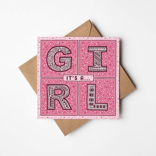 Pink new baby girl greeting card Typographic pink Girl greeting card design Printed on recycled card Blank inside