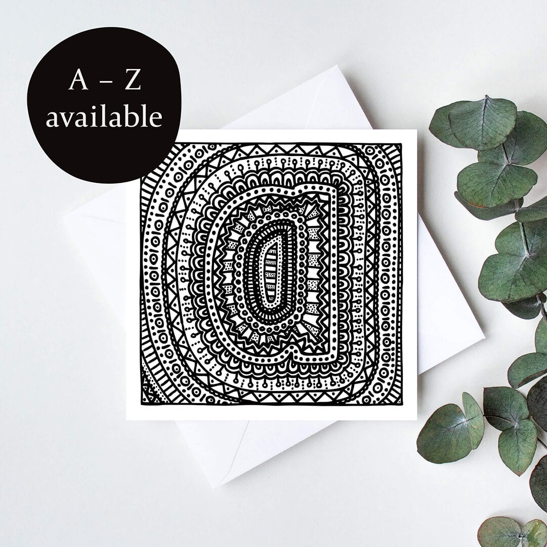 Black white letter A colouring in card Unique initial card Patterned typographic greeting card to colour in Blank inside