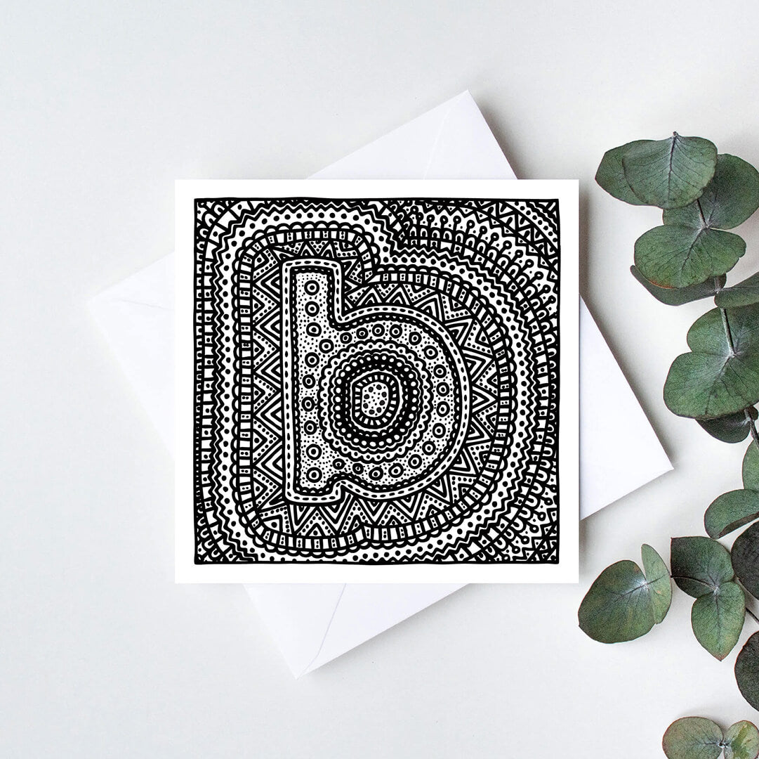 Black white letter B colouring in card Unique initial card Patterned typographic greeting card to colour in Blank inside