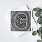Black white letter C colouring in card Unique initial card Patterned typographic greeting card to colour in Blank inside