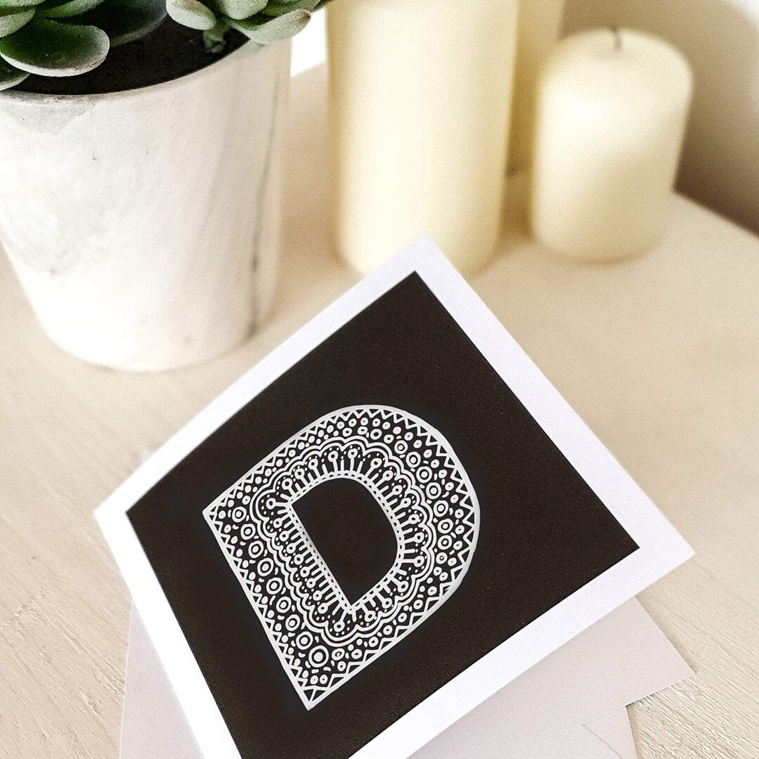 Letter D card Unique black white initial card Modern typographic greeting card Blank inside