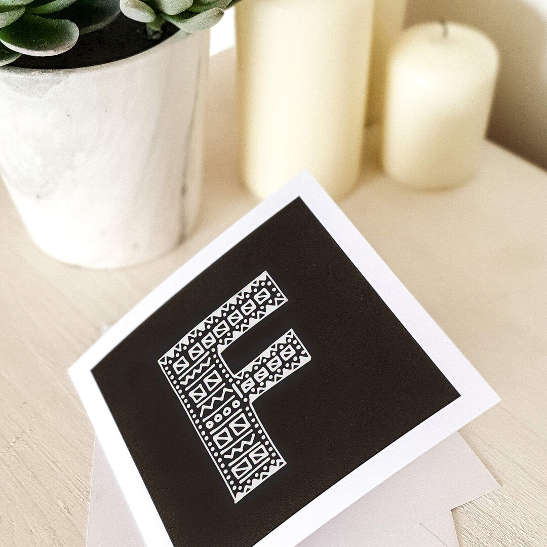 Letter F card Unique black white initial card Modern typographic greeting card Blank inside