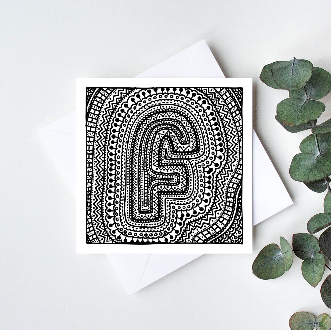 Black white letter F colouring in card Unique initial card Patterned typographic greeting card to colour in Blank inside