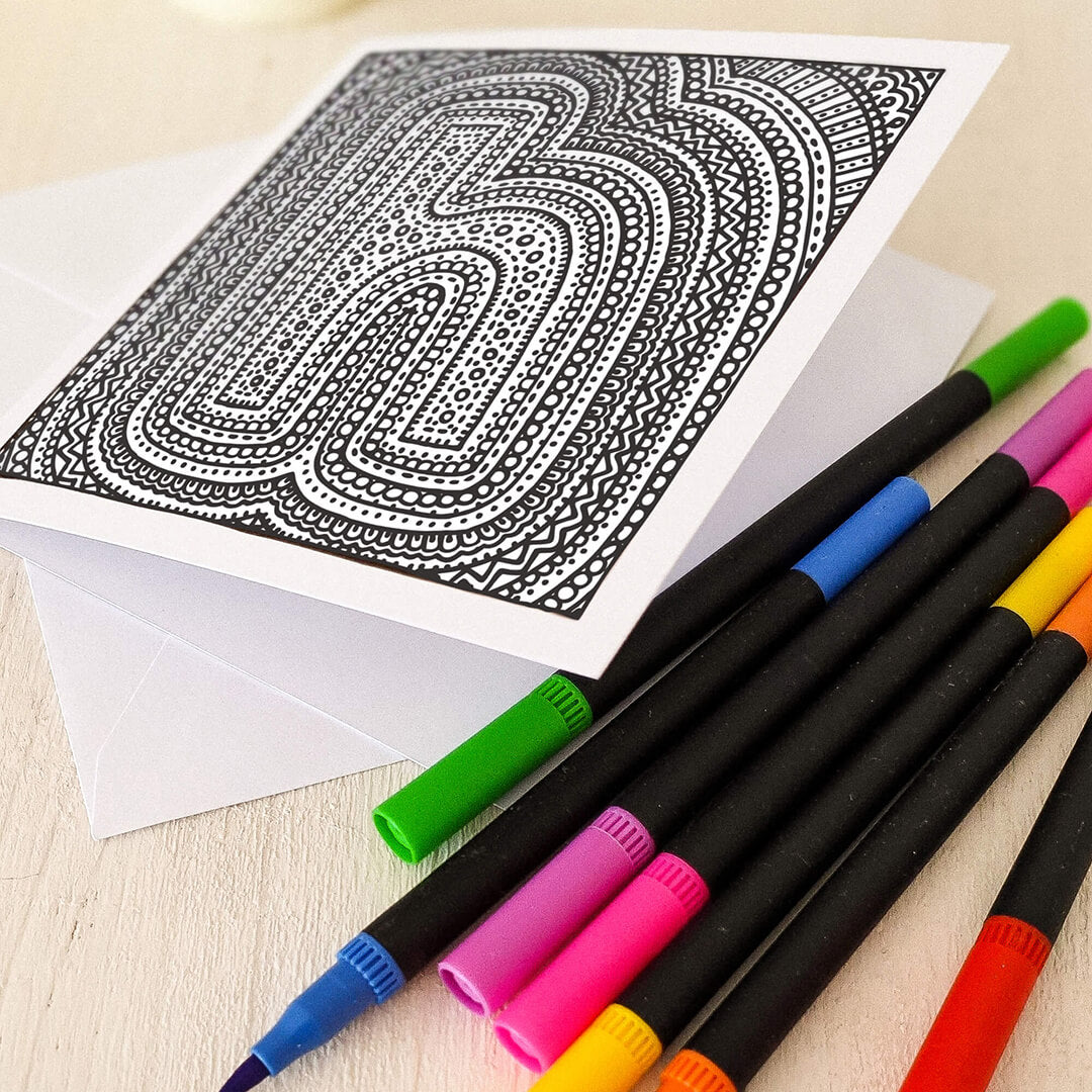 Letter H colouring in card with felt tip pens Unique alphabet colouring in card Black white typographic greeting card Blank inside