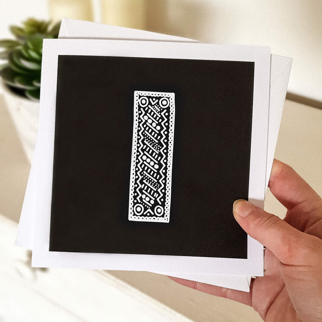 Hand holding letter I card Unique typographic greeting card Patterned black white initial greeting card Blank inside