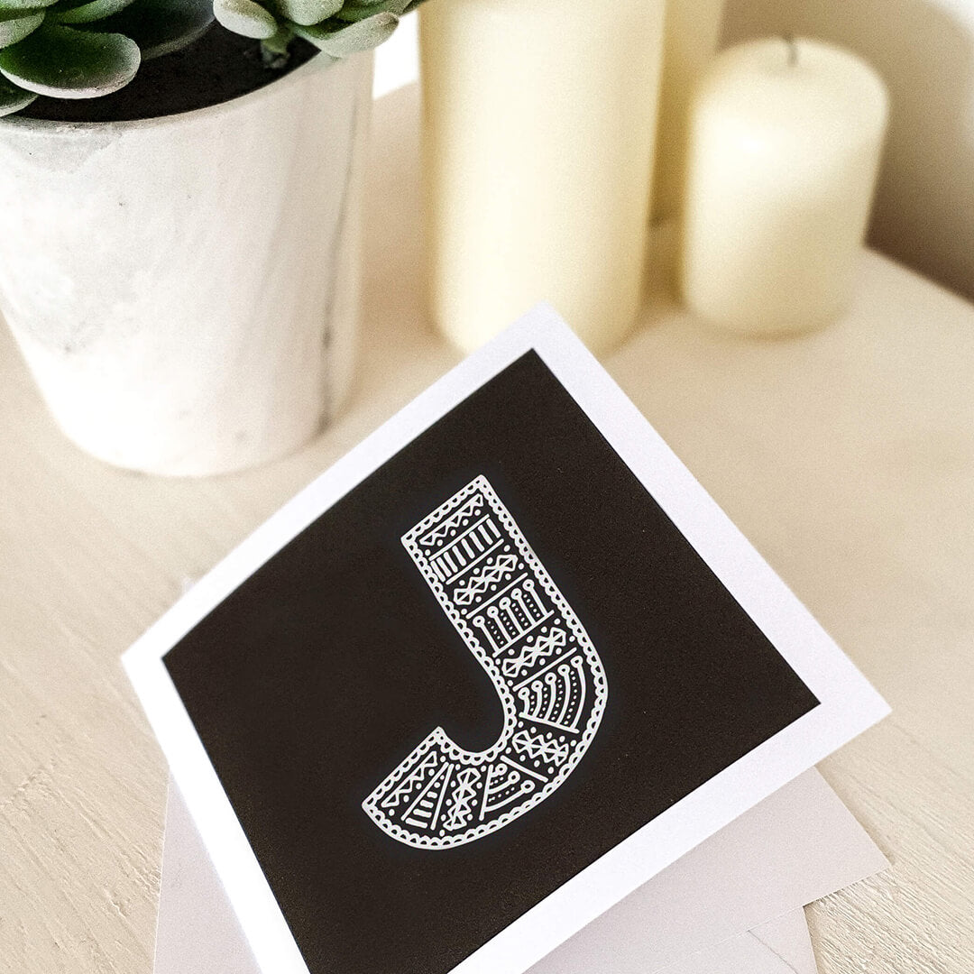 Letter J card Unique black white initial card Modern typographic greeting card Blank inside