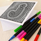 Letter J colouring in card with felt tip pens Unique alphabet colouring in card Black white typographic greeting card Blank inside