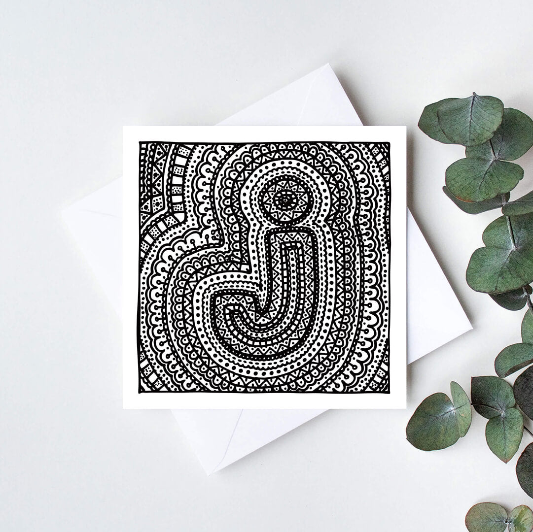 Black white letter J colouring in card Unique initial card Patterned typographic greeting card to colour in Blank inside