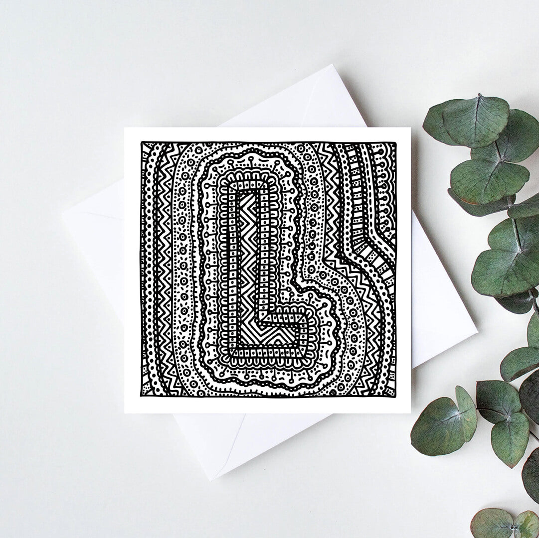 Black white letter L colouring in card Unique initial card Patterned typographic greeting card to colour in Blank inside