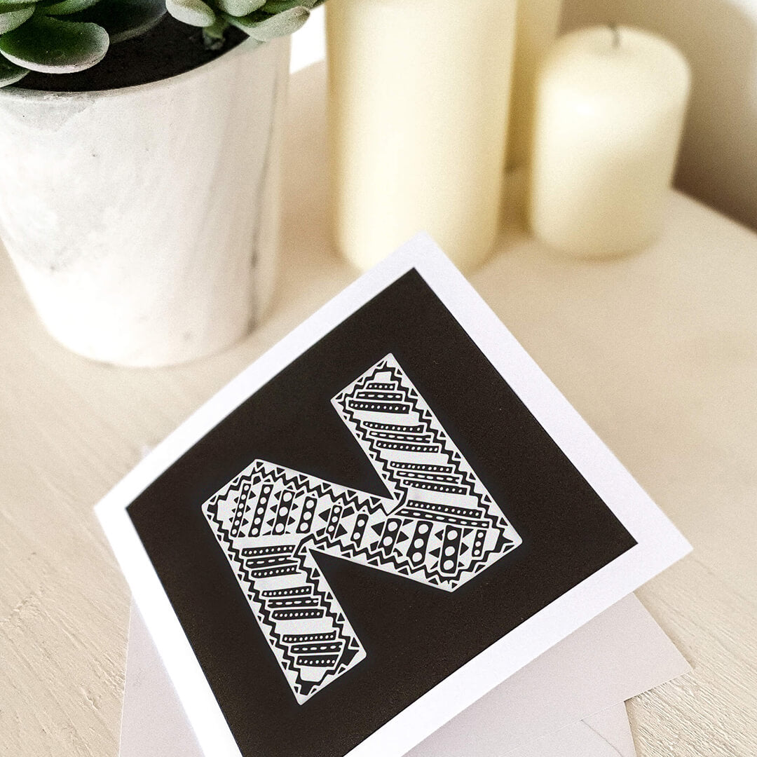 Letter N card Unique black white initial card Modern typographic greeting card Blank inside