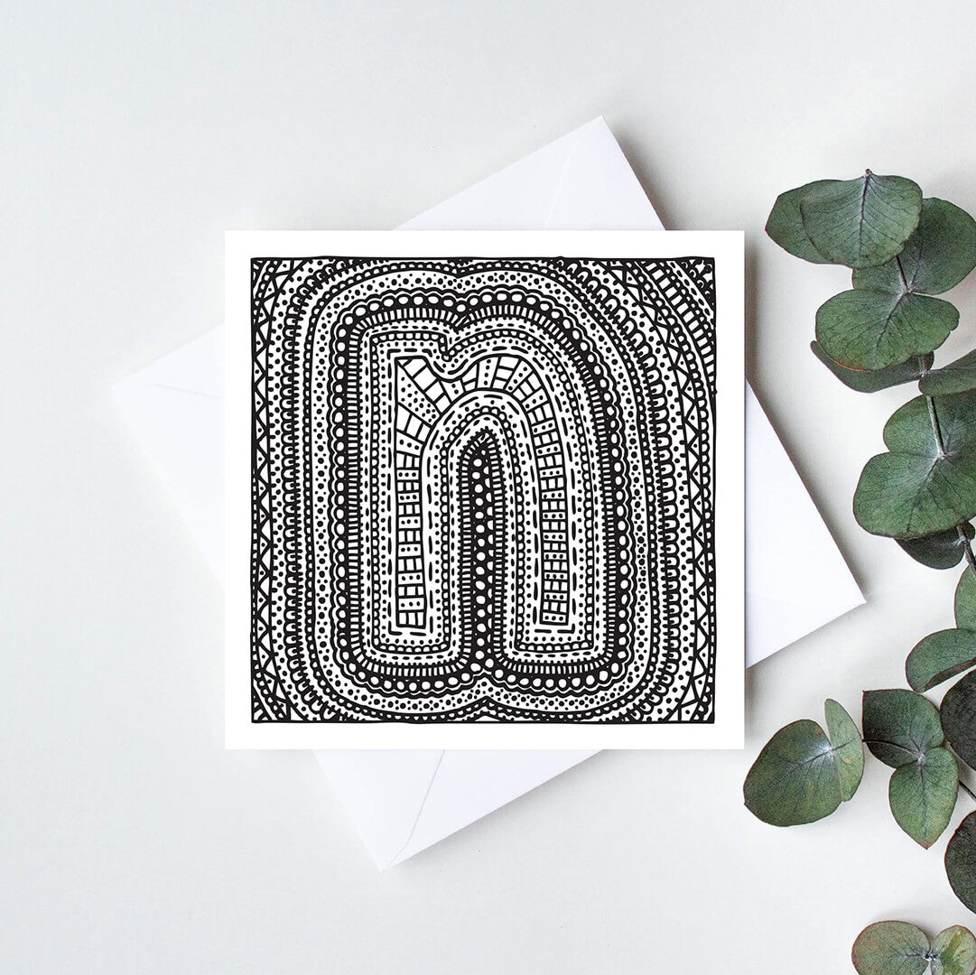 Black white letter N colouring in card Unique initial card Patterned typographic greeting card to colour in Blank inside