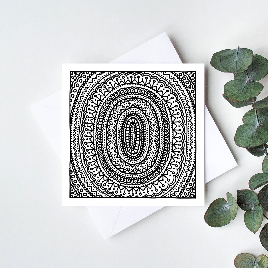 Black white letter O colouring in card Unique initial card Patterned typographic greeting card to colour in Blank inside
