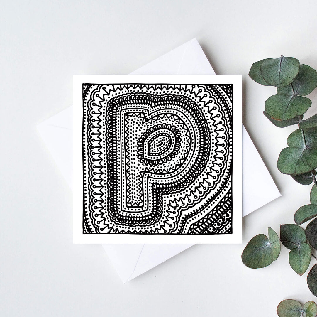 Black white letter P colouring in card Unique initial card Patterned typographic greeting card to colour in Blank inside