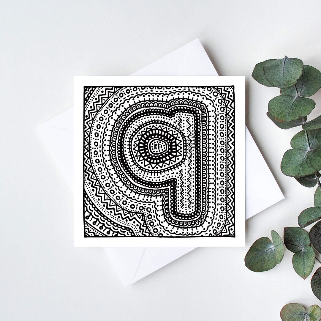 Black white letter Q colouring in card Unique initial card Patterned typographic greeting card to colour in Blank inside