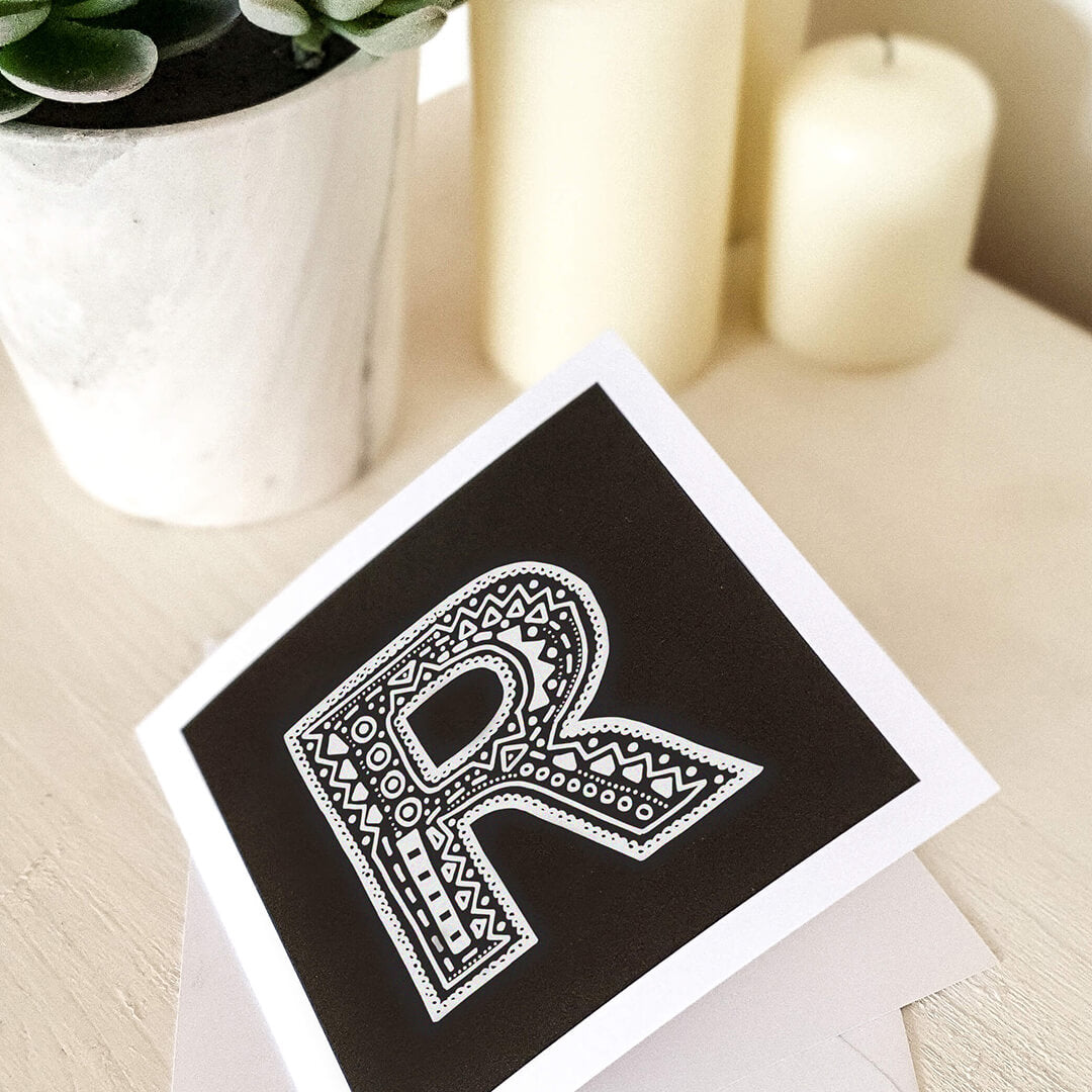 Letter R card Unique black white initial card Modern typographic greeting card Blank inside