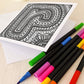 Letter R colouring in card with felt tip pens Unique alphabet colouring in card Black white typographic greeting card Blank inside