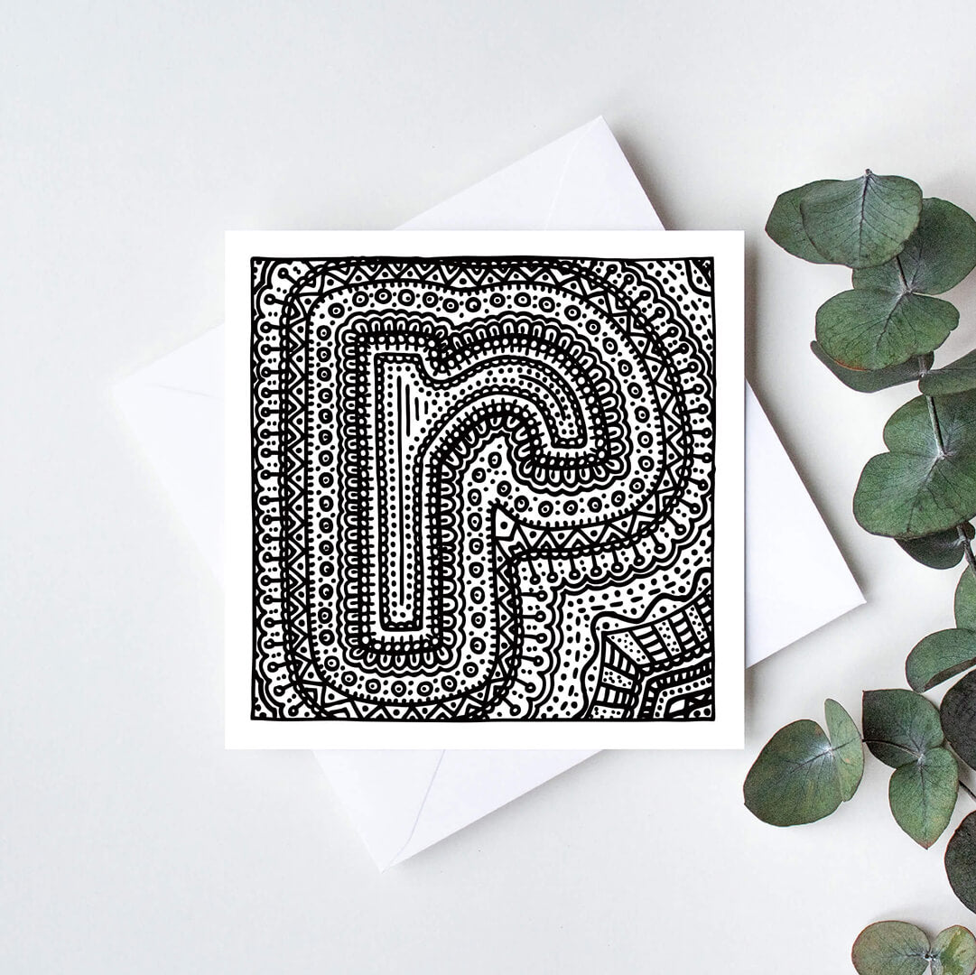 Black white letter R colouring in card Unique initial card Patterned typographic greeting card to colour in Blank inside