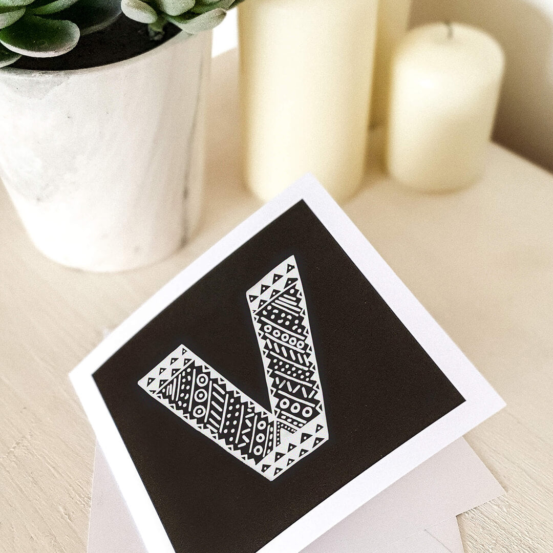 Letter V card Unique black white initial card Modern typographic greeting card Blank inside