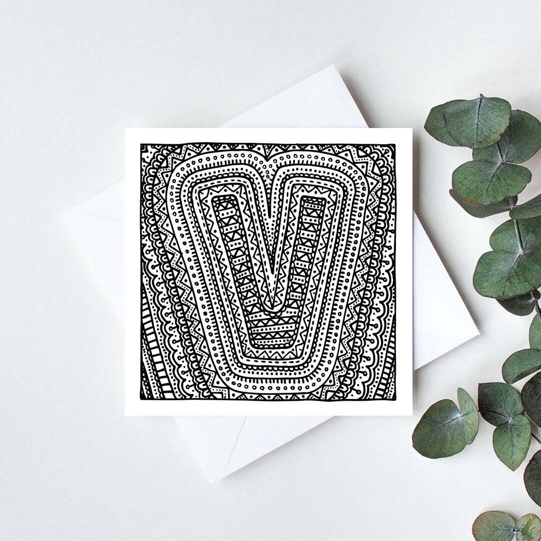 Black white letter V colouring in card Unique initial card Patterned typographic greeting card to colour in Blank inside
