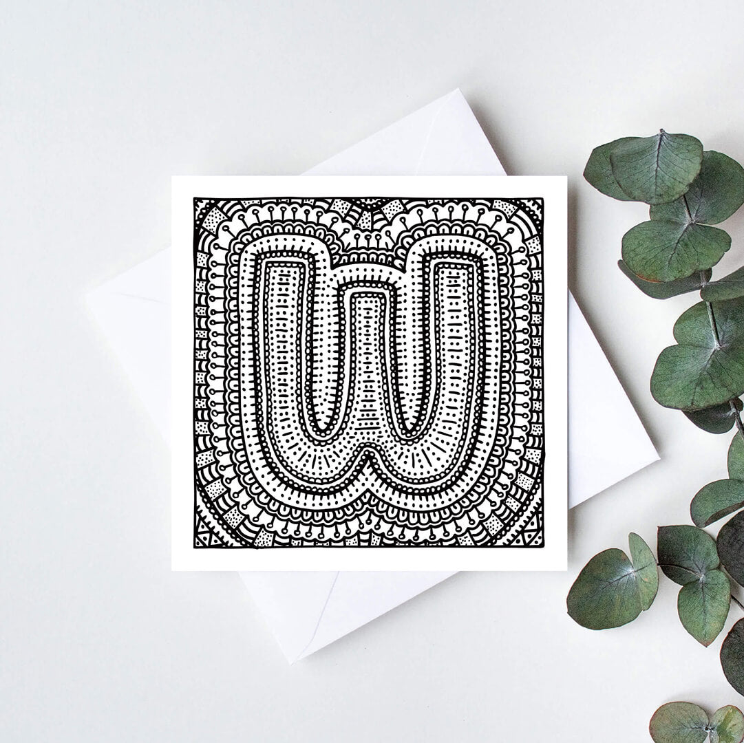 Black white letter W colouring in card Unique initial card Patterned typographic greeting card to colour in Blank inside