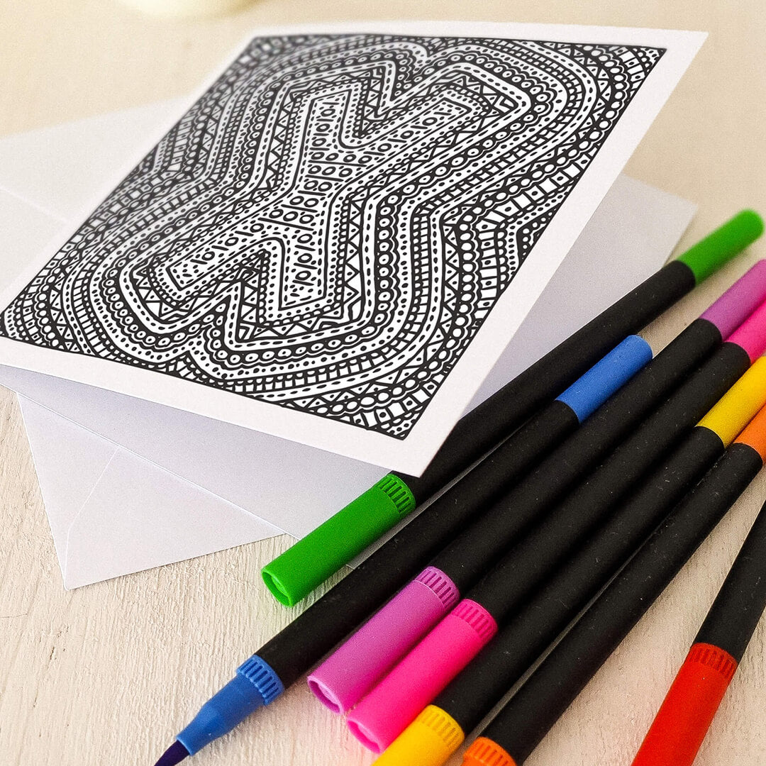 Letter X colouring in card with felt tip pens Unique alphabet colouring in card Black white typographic greeting card Blank inside