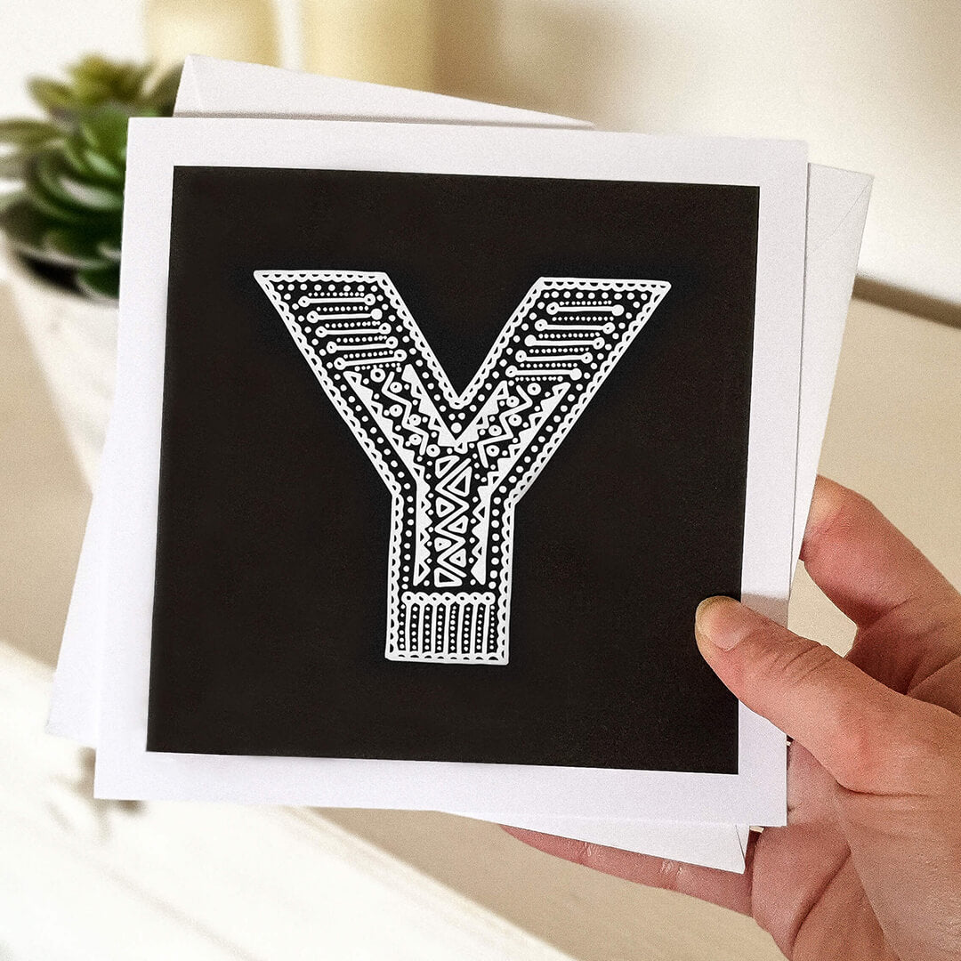 Hand holding letter Y card Unique typographic greeting card Patterned black white initial greeting card Blank inside