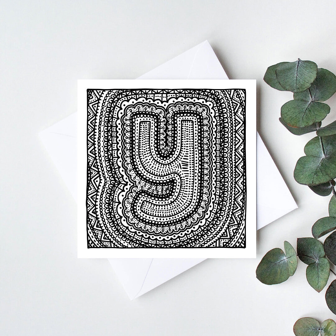 Black white letter Y colouring in card Unique initial card Patterned typographic greeting card to colour in Blank inside