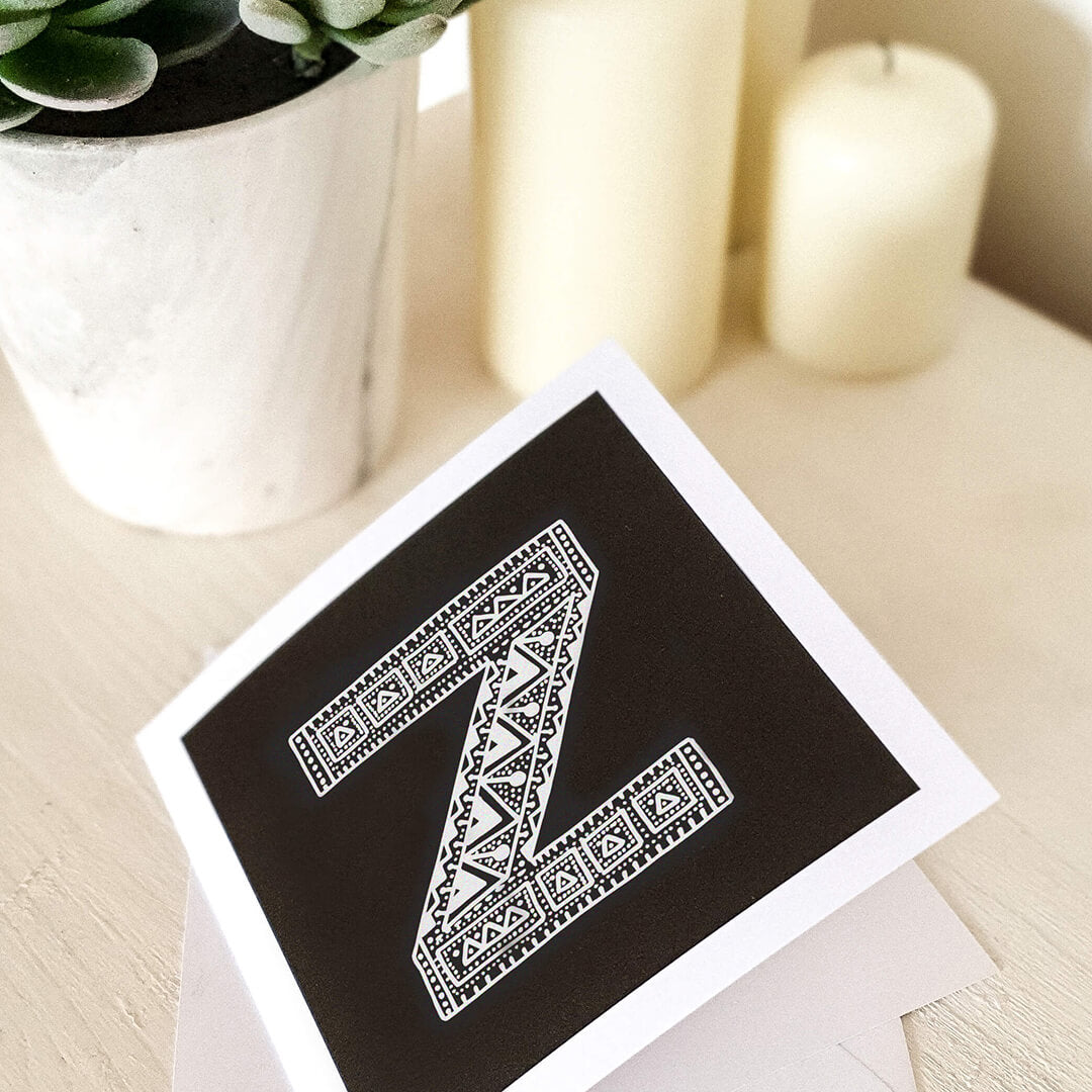 Letter Z card Unique black white initial card Modern typographic greeting card Blank inside