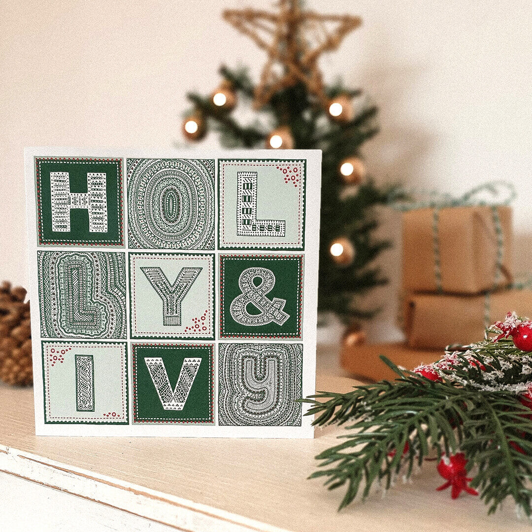 Unique Holly and Ivy Christmas card Typographic green holly and ivy Christmas card Printed on recycled card