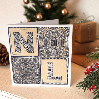 Typographic Noel French Christmas card Kraft Brown recycled envelope Unique typographic Joyeux Noel Christmas card design Gold midnight blue